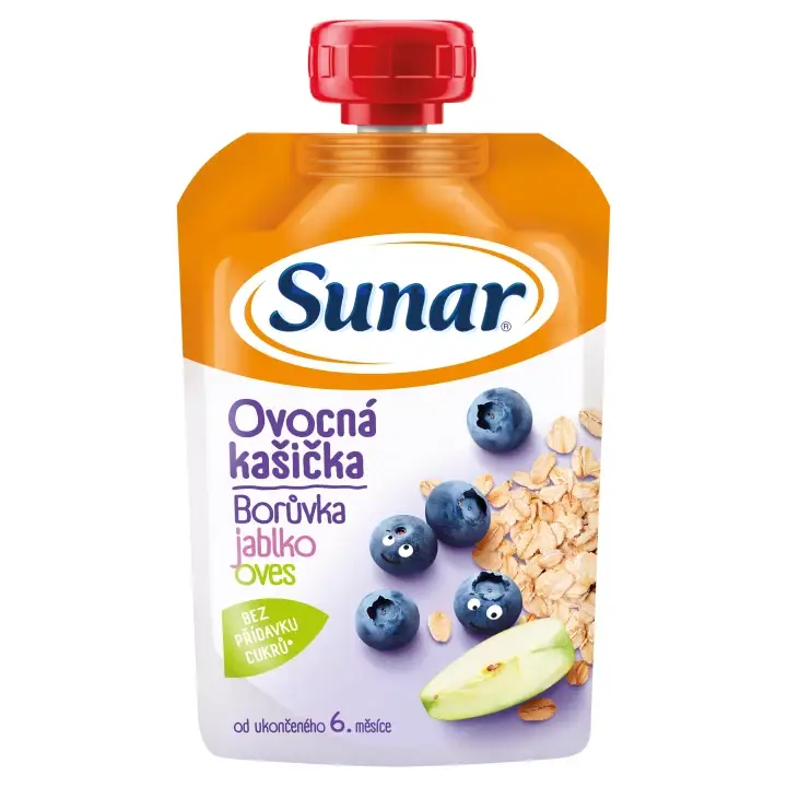 Horká Nabídka Sunar kašička ovocná kapsička borůvka, jablko, ovesné vločky 6m+, 120g