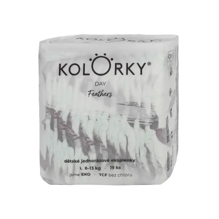 Odeslání Ihned KOLORKY DAY jednorázové eko plenky peří - L (8-13 kg), 19 ks