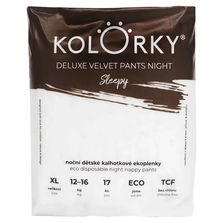 Kolorky Deluxe Velvet Pants Night Sleepy noční dětské kalhotkové ekoplenky XL 12-16 kg 17 ks Sezónní Sleva