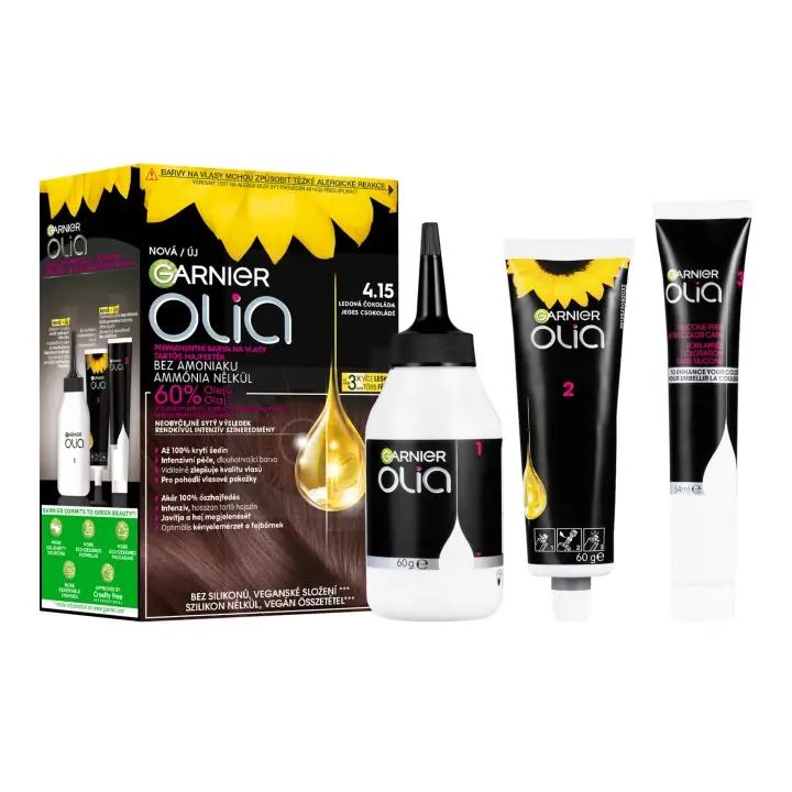 Akční Cena Garnier Olia permanentní barva na vlasy 4.15 Ledová čokoláda, 60+60+54ml