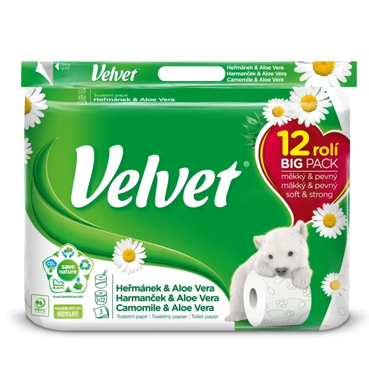 Finální Výprodej Velvet Camomile & Aloe Toaletní papír s vůní 3 vrstvy 12 rolí