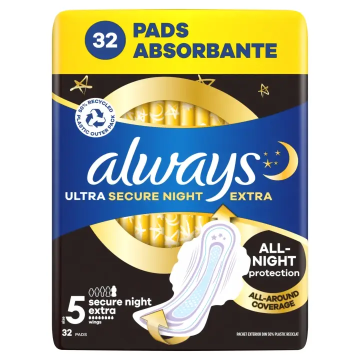 Always Ultra Secure Night Extra Hygienické vložky s křidélky, velikost 5, 32 ks Kup Teď