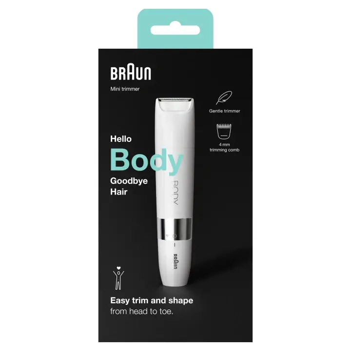 Braun Body Mini Trimmer BS1000, Elektrický Odstraňovač Chloupků Na Těle Pro Ženy a Muže, Bílý Jen Po Omezenou Doba