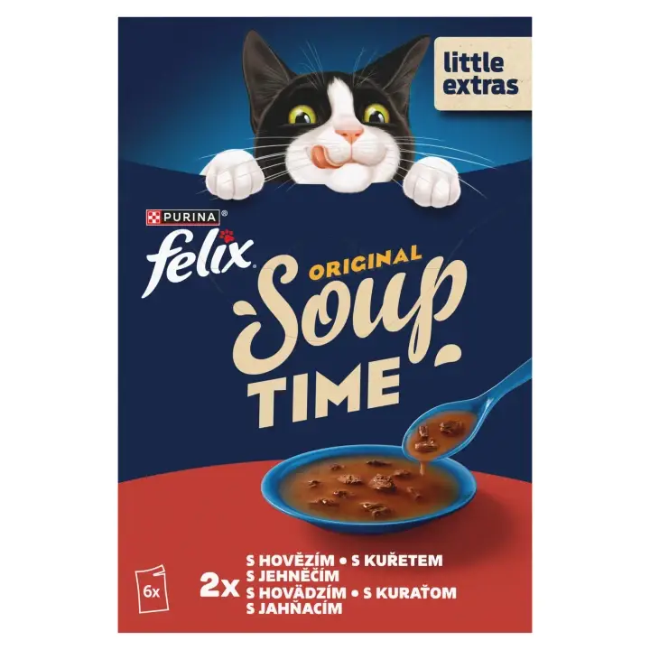 Autentický Felix Soup polévky pro kočky hovězí, kuře, jehněčí 6 x 48g