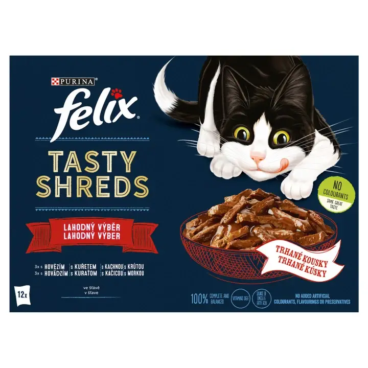Felix Tasty Shreds kapsičky pro kočky hovězí, kuře, kachna, krůta ve šťávě 12 x 80g Sleva