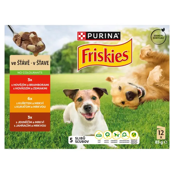 PURINA FRISKIES Adult výběr s hovězím, kuřetem a jehněčím ve šťávě 12 x 85 g Víkendová Akce