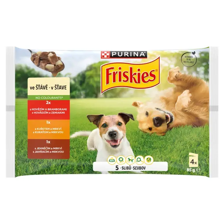 PURINA FRISKIES Adult výběr s hovězím, kuřetem a jehněčím ve šťávě 4 x 85 g Dokud Zásoby Vydrží